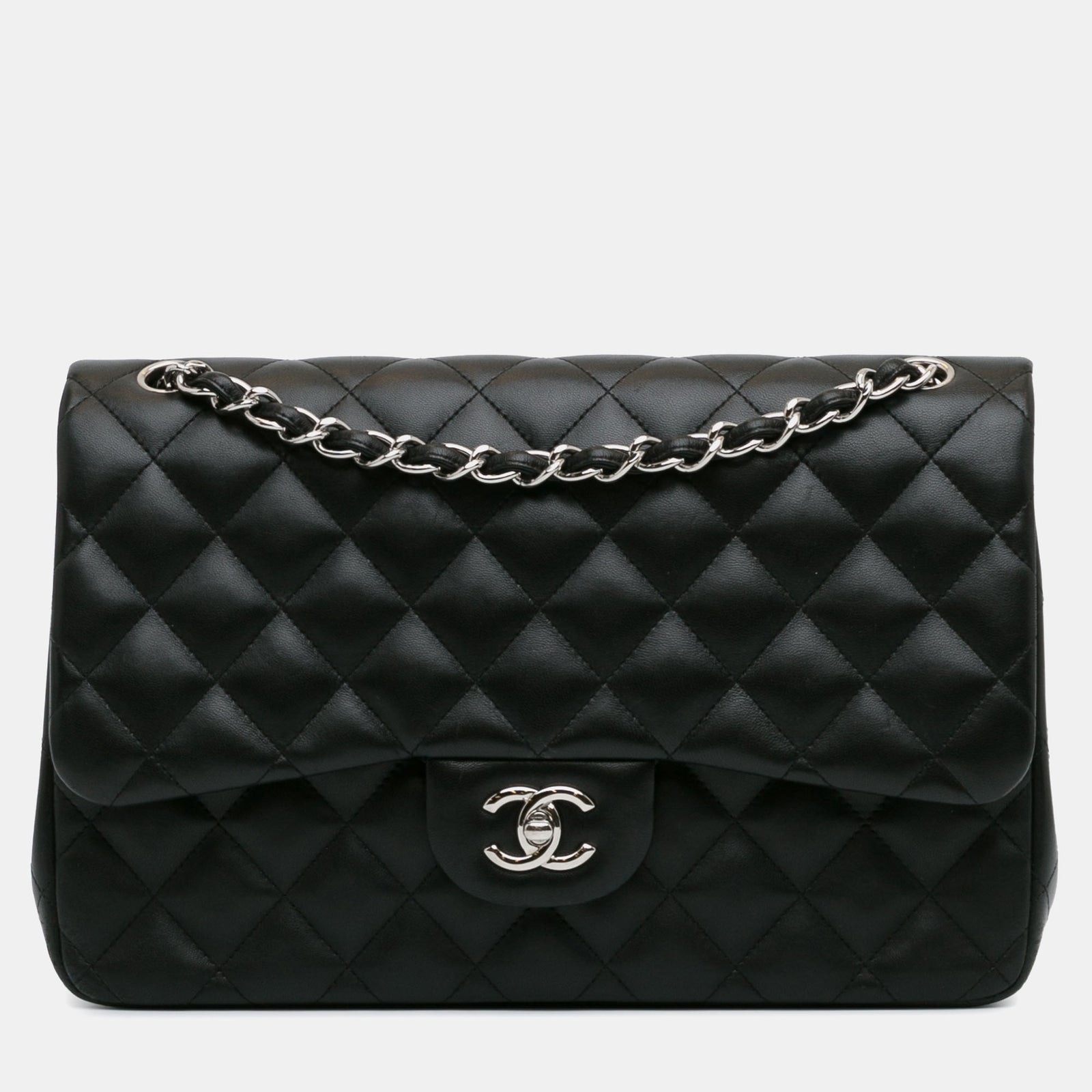 Chanel Schwarze klassische Jumbo-Tasche aus Lammleder mit Doppelklappe