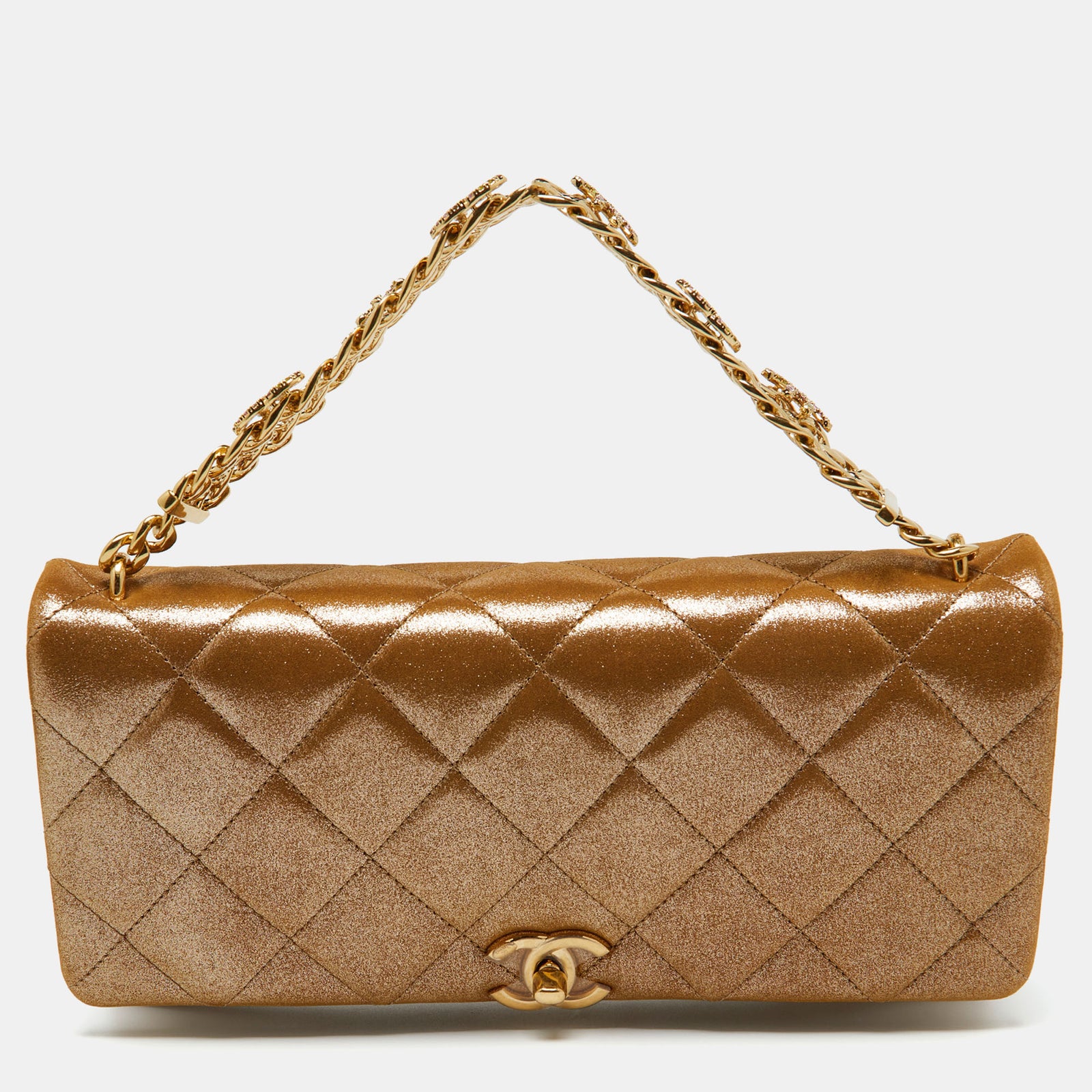 Chanel Sac à rabat en cuir matelassé irisé doré avec chaîne