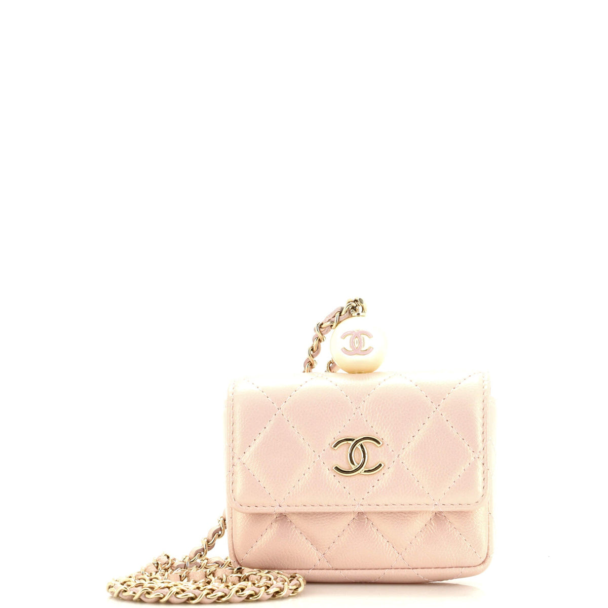 Chanel CHANEL CC Pearl Coin Card Holder with Chain Quilted Iridescent Caviar