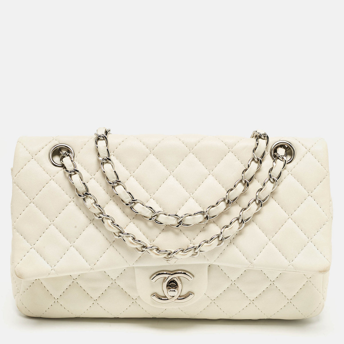 Chanel White Quilted Leather Medium Classic Double Flap Bag