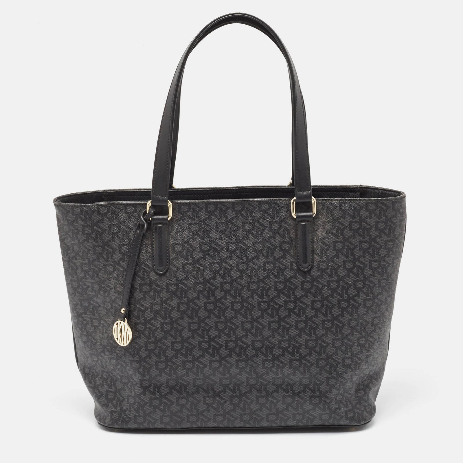 DKNY Black Monogram Coated Canvas and Leather Top Zip Tote