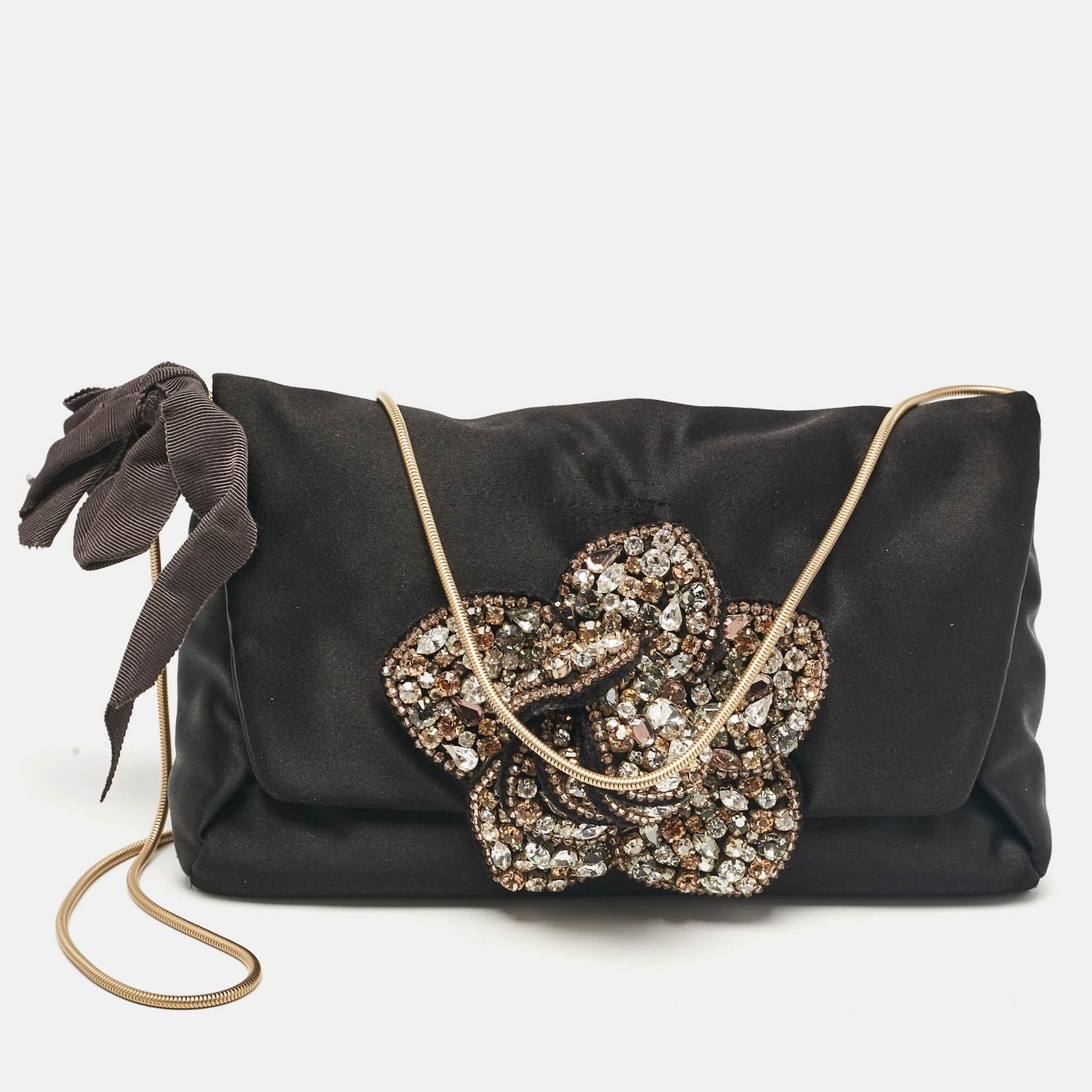 Lanvin Black Satin Floral Crystals Applique Chain Clutch