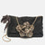 Black Satin Floral Crystals Applique Chain Clutch