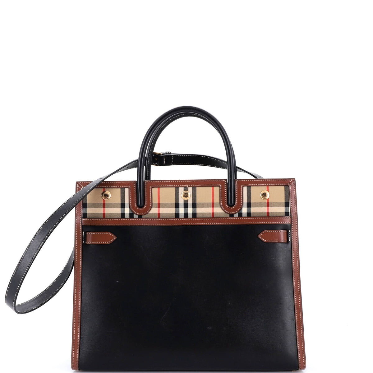 Burberry Title Two Handle Tote Leather with Vintage Check Canvas Medium