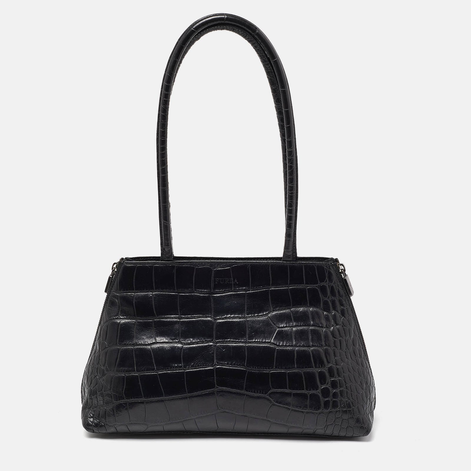 Furla Black Croc Embossed Leather Vintage Shoulder Bag