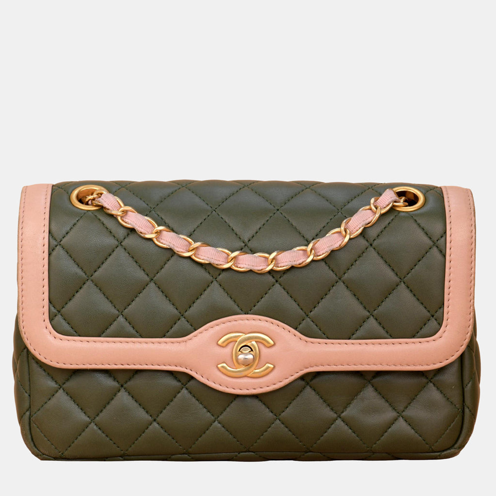 Chanel Pink/Green Quilted Lambskin Leather Two Tone Single Flap Bag Shoulder Bag