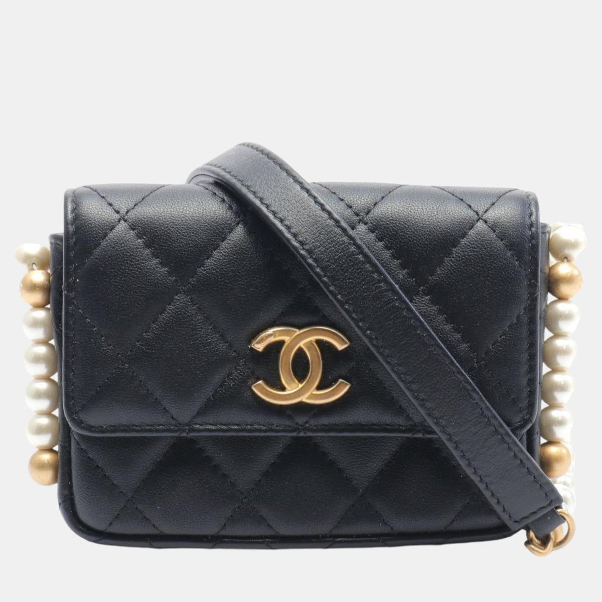 Chanel Black Lambskin Faux Pearl Matelasse Shoulder Bag