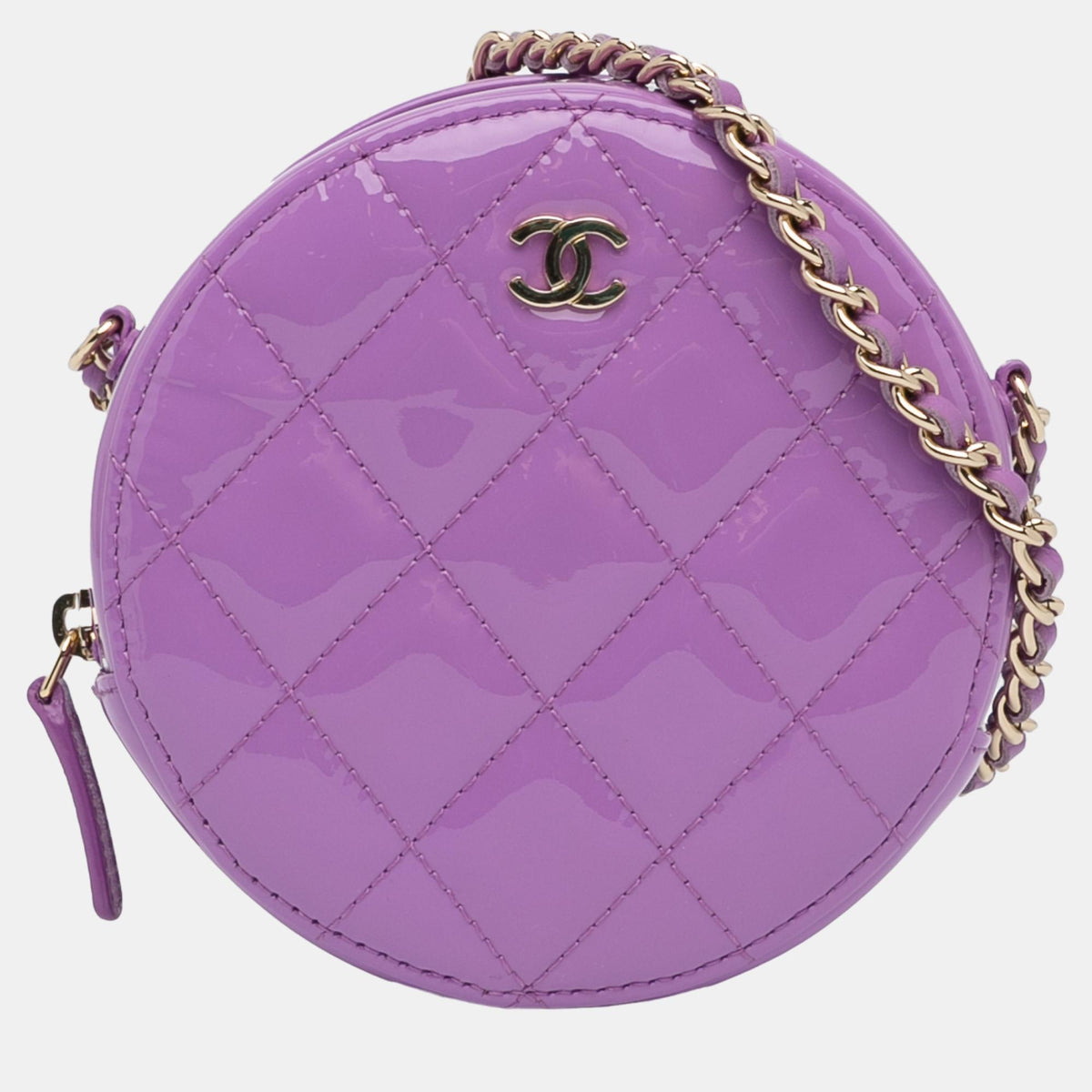 Chanel Purple CC Quilted Patent Round Clutch With Chain