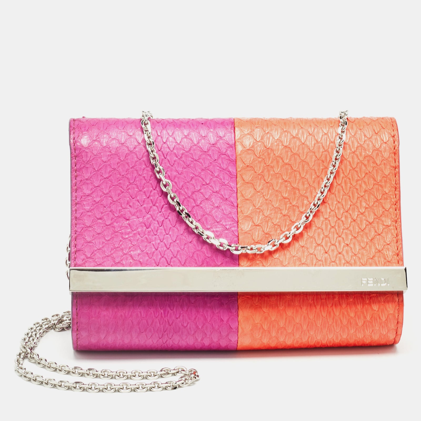 Fendi Purple/Orange Snakeskin Rush Chain Clutch