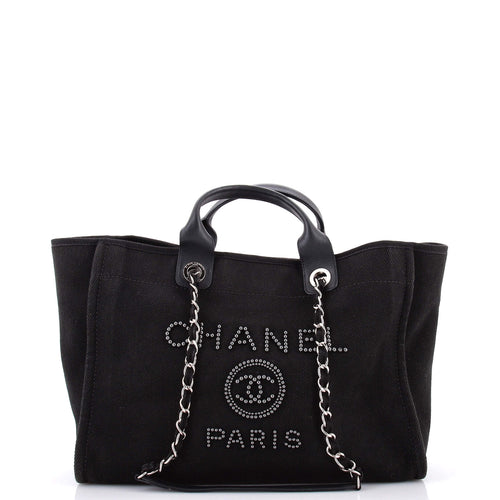 CHANEL Deauville Tote Pearl Embellished Canvas Medium