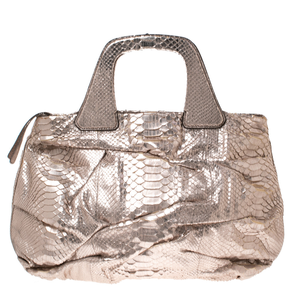 Zagliani Metallic Rose Gold Python Leather Satchel