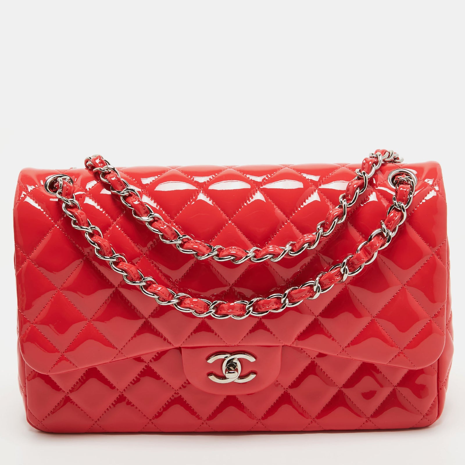 Chanel Red Quilted Patent Leather Jumbo Classic Double Flap Bag