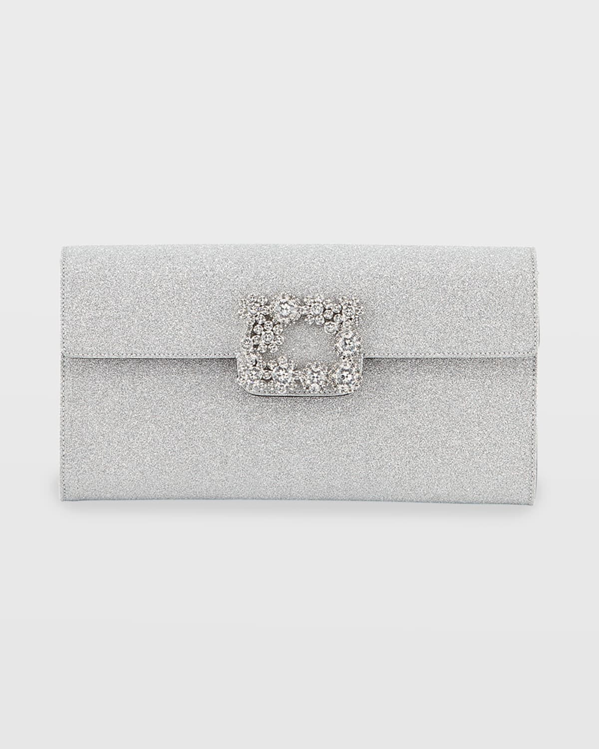 Roger Vivier Floral Crystal-Buckle Glitter Fabric Envelope Clutch Bag