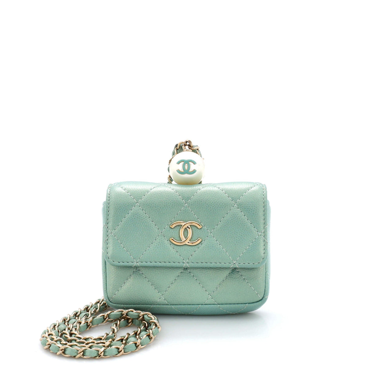 Chanel CHANEL CC Pearl Coin Card Holder with Chain Quilted Iridescent Caviar