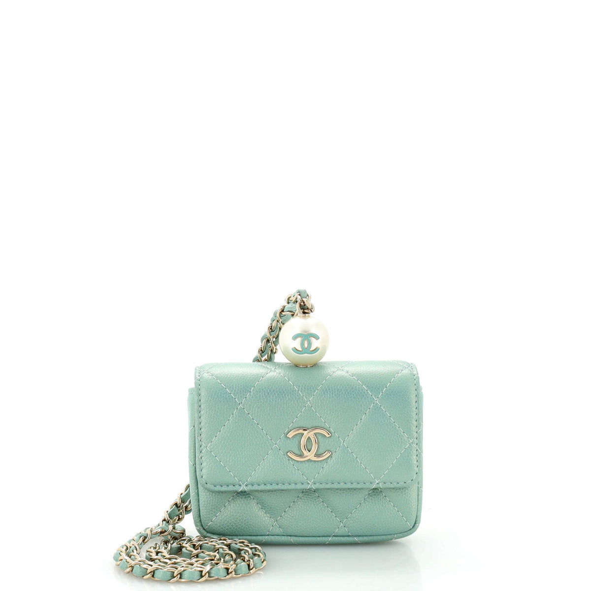 Chanel CHANEL CC Pearl Coin Card Holder with Chain Quilted Iridescent Caviar