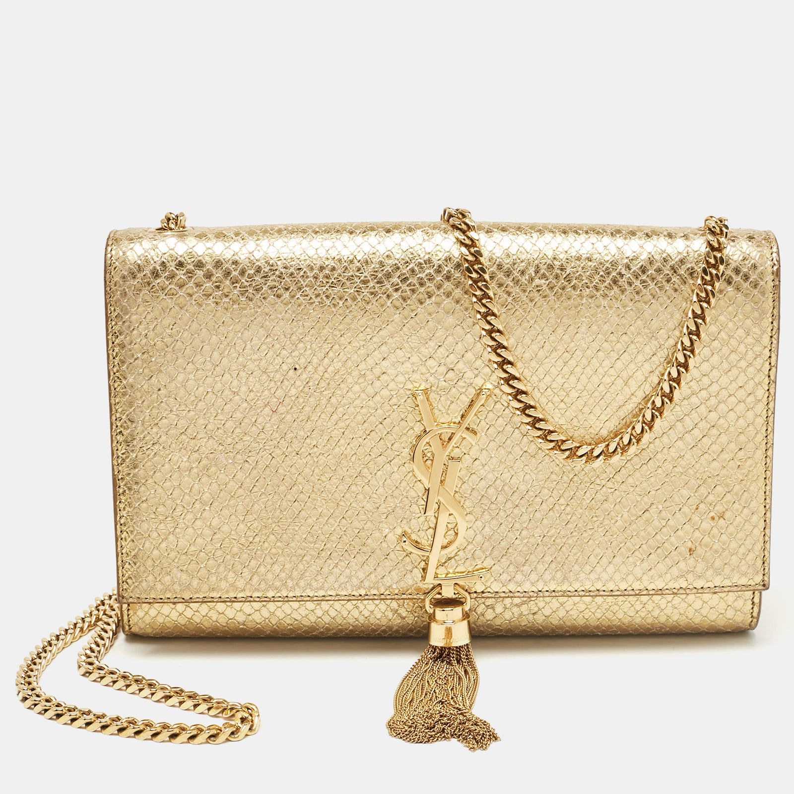 Saint Laurent Paris Saint Laurent Gold Snakeskin Embossed Leather Medium Kate Tassel Shoulder Bag