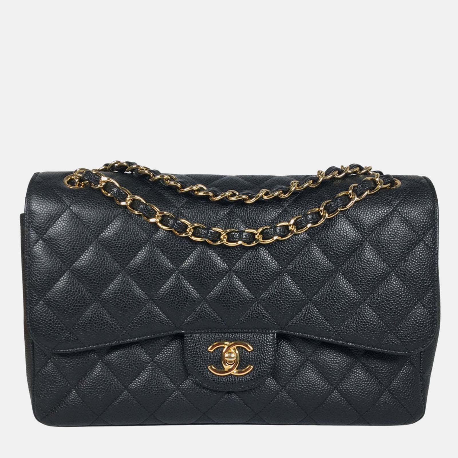 Chanel Black Caviar Leather Jumbo Classic Double Flap Shoulder Bags