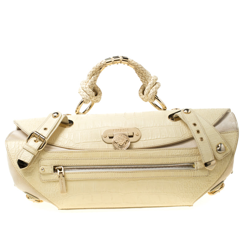 Cream Croc Embossed Leather and Suede Medium Canyon Bag