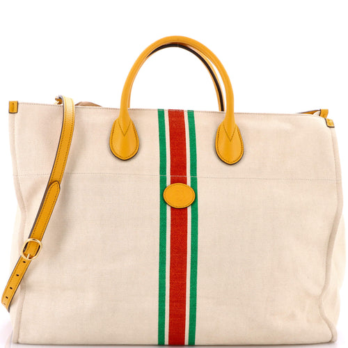 GUCCI Foldable Web Tote Canvas with Leather Large