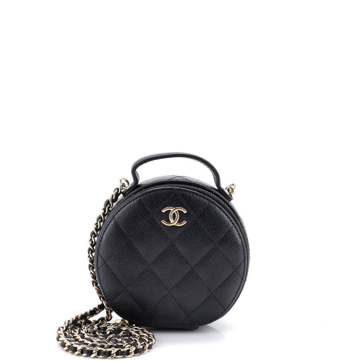Chanel CHANEL Handle with Care Round Vanity Case with Chain Quilted Caviar Small