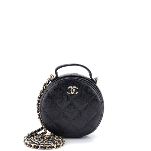 CHANEL Handle with Care Round Vanity Case with Chain Quilted Caviar Small