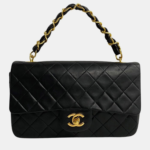 Black Lambskin Leather Chain Top Handle Bag