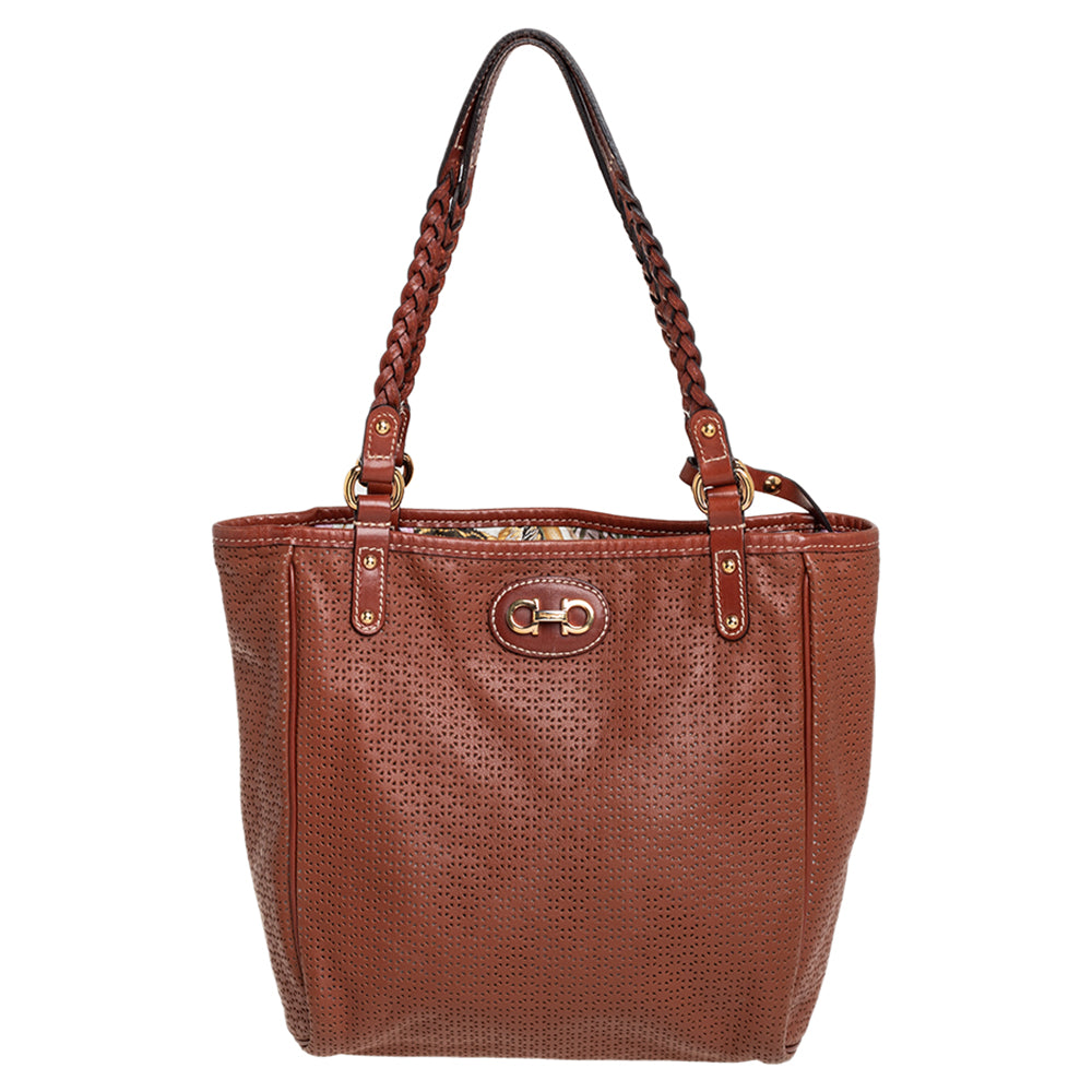 Salvatore Ferragamo Brown Perforated Leather Braided Handle Tote