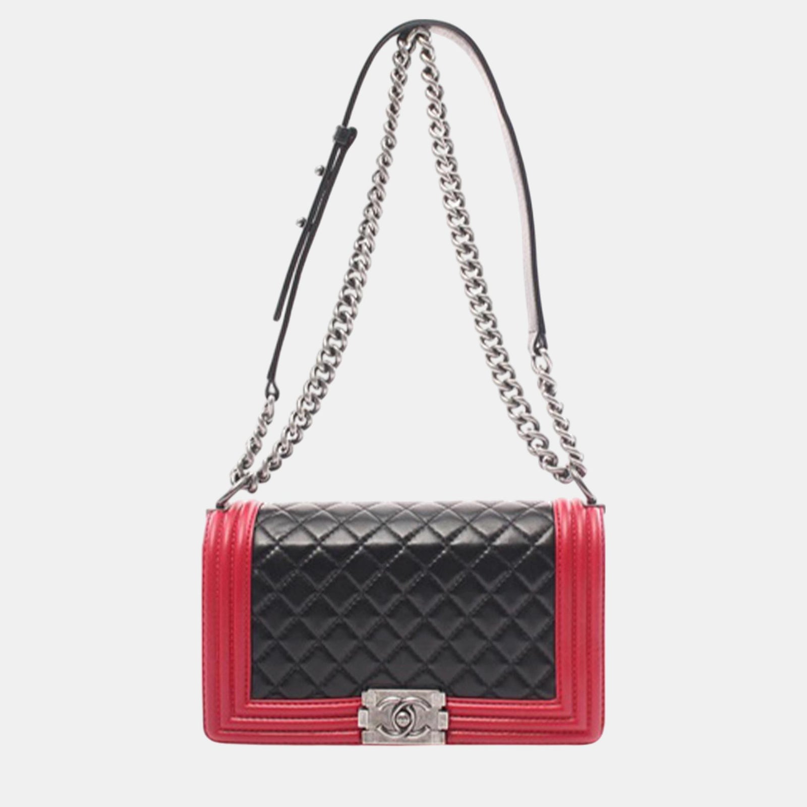 Chanel Sac à rabat en cuir d'agneau bicolore noir/rouge de taille moyenne pour garçon