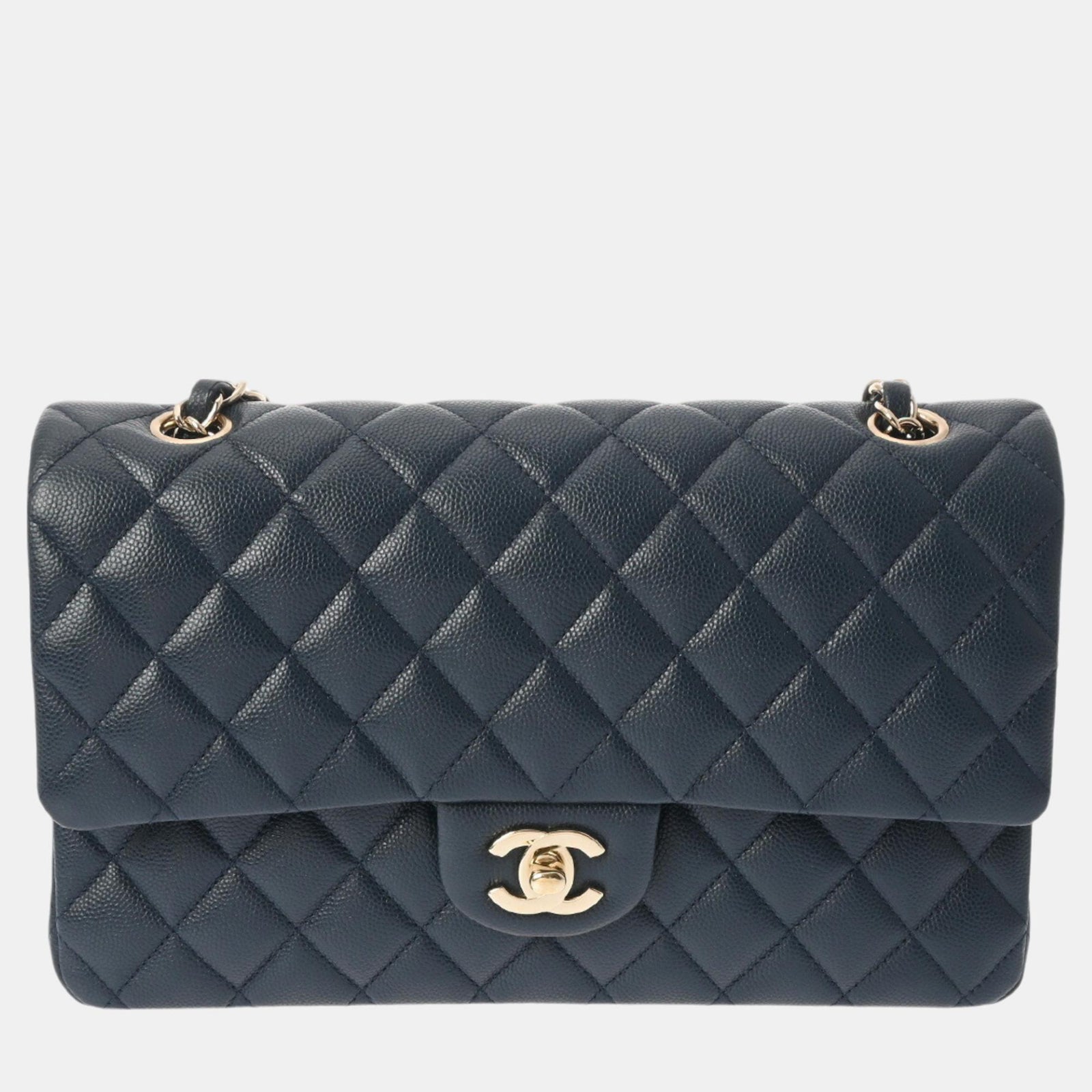 Chanel Marineblaue Matelassé-Schultertasche aus Kaviarhaut mit Kette und doppelter Klappe, 25 cm