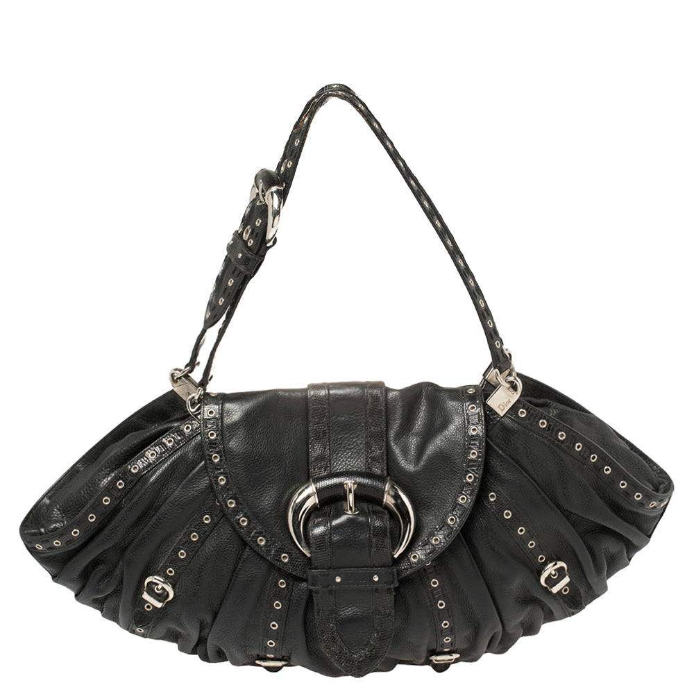 Dior Black Leather and Lizard Grommet Buckle Flap Hobo
