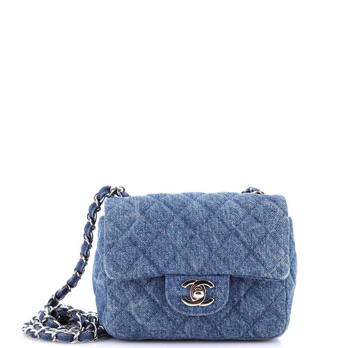 CHANEL Square Classic Single Flap Bag Quilted CC Printed Denim Mini