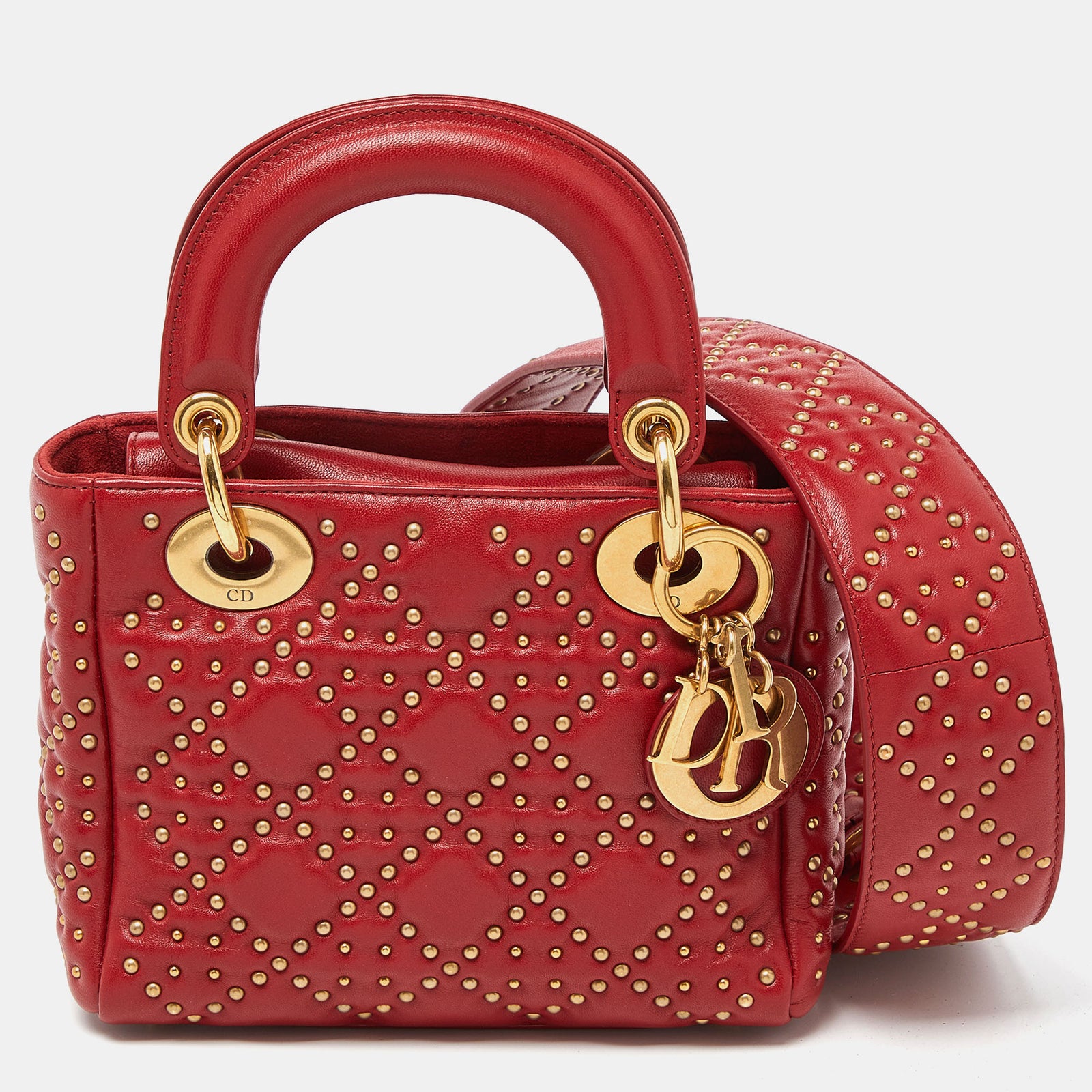 Dior Red Leather Medium Studded Supple Lady Tote