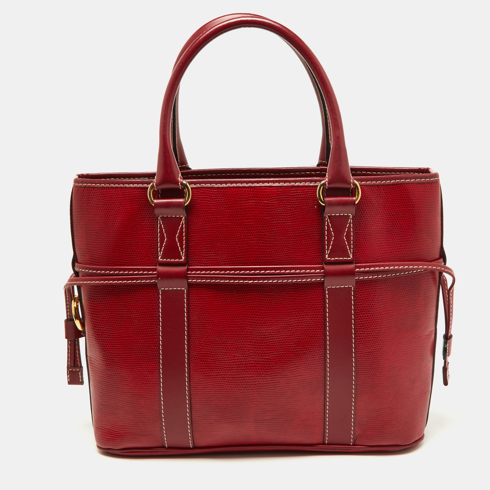 Lancel Red Embossed Leather Drawstring Tote