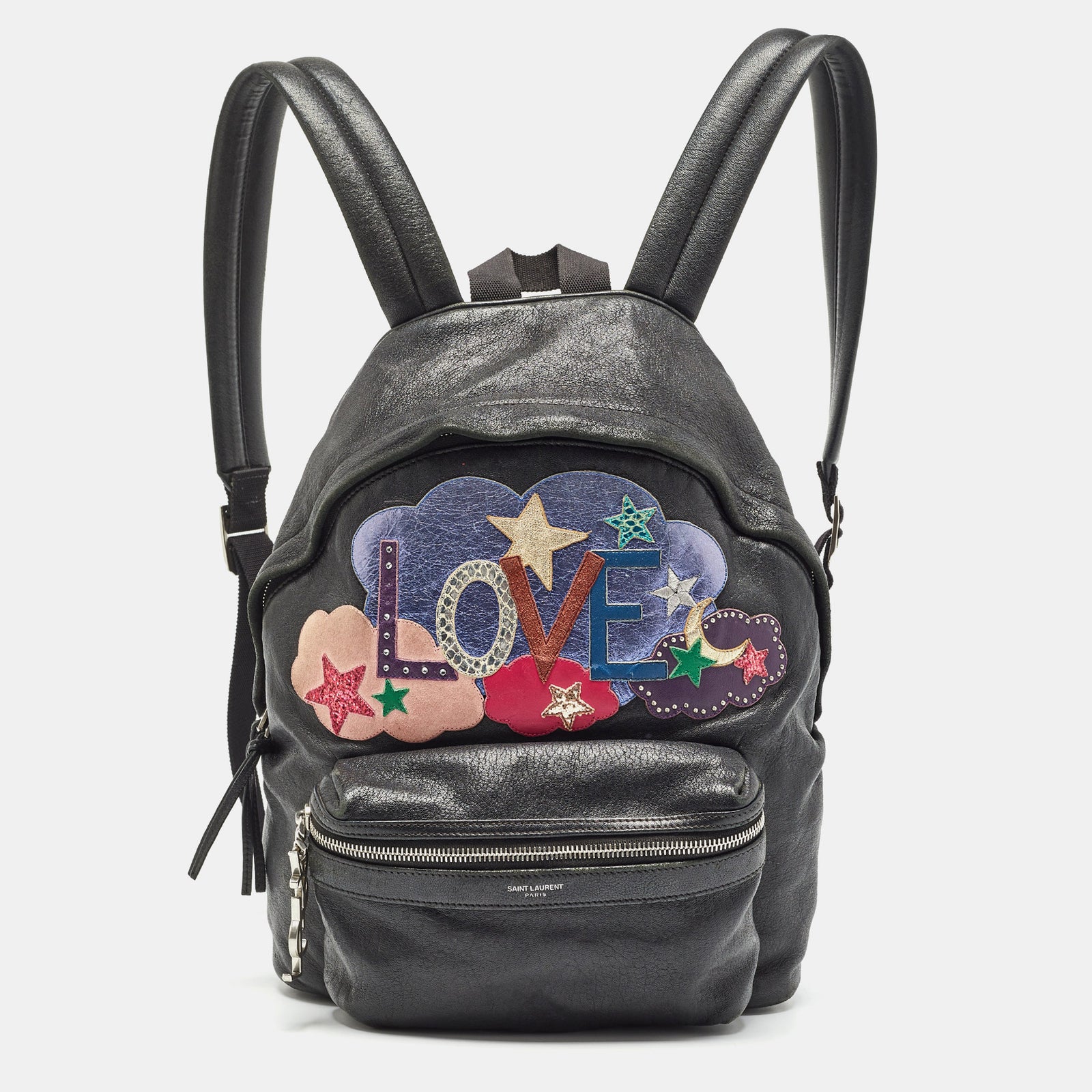 Saint Laurent Paris Saint Laurent Black Leather and Canvas Mini Love Appliqu&eacute; City Backpack