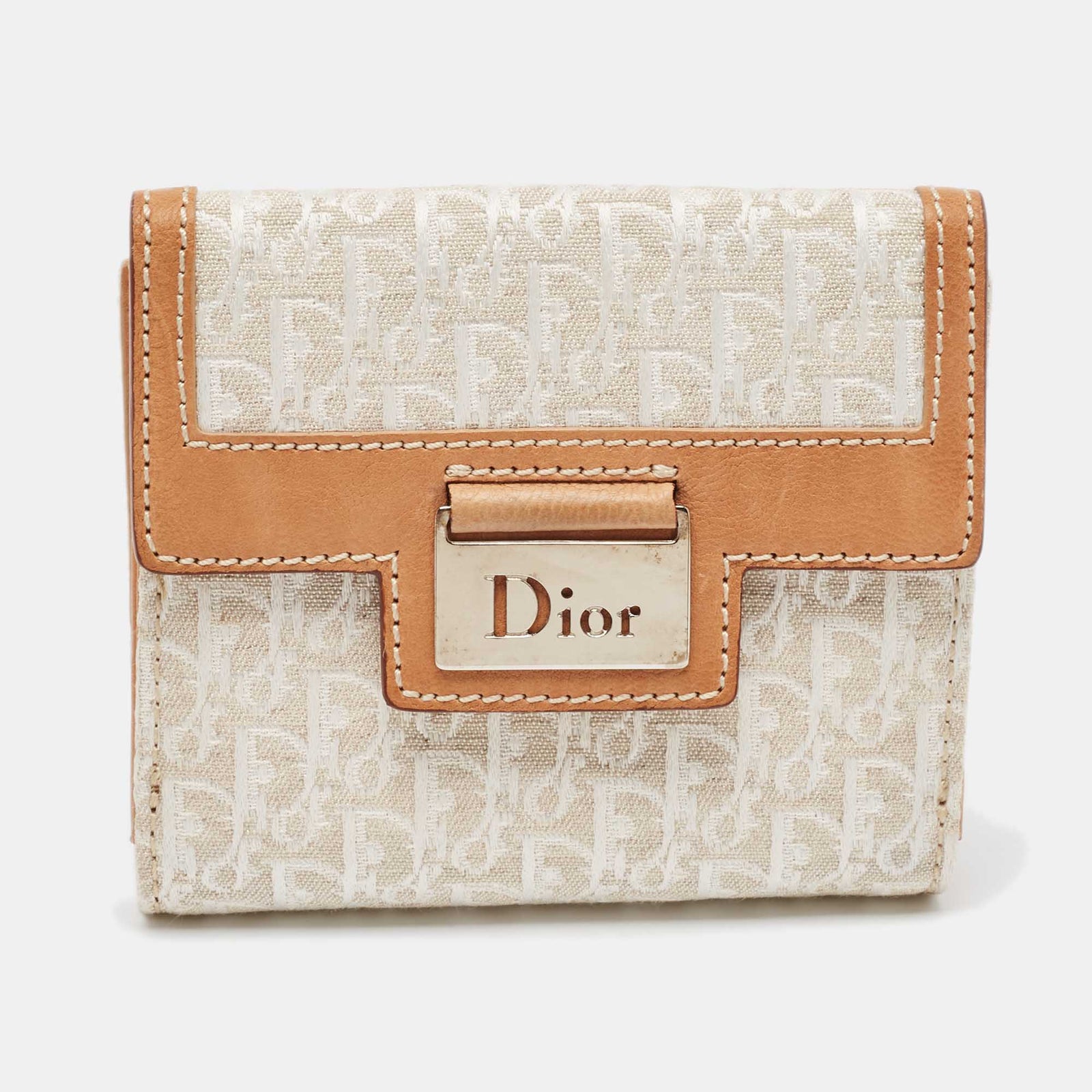 Dior Kompakte Geldbörse im Street Chic-Stil aus schrägem Canvas und Leder in Weiß/Braun