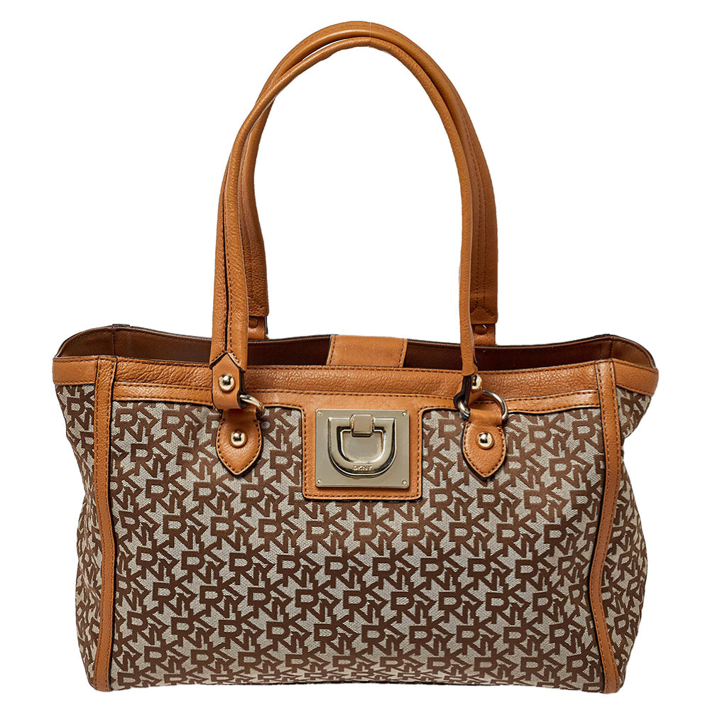 DKNY Beige/Tan Signature Canvas and Leather Tote