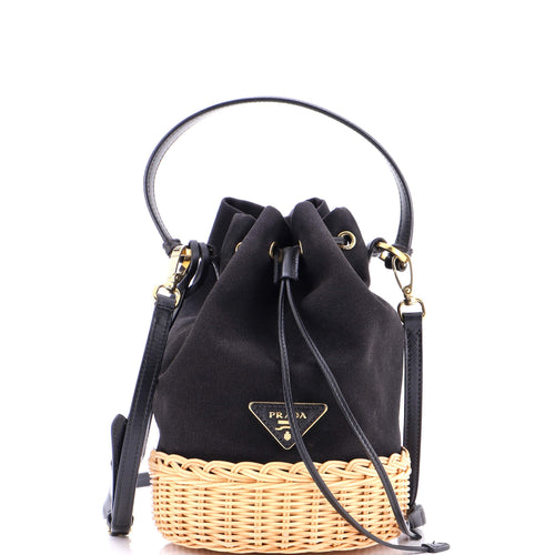 PRADA Drawstring Bucket Bag Canvas and Wicker Small