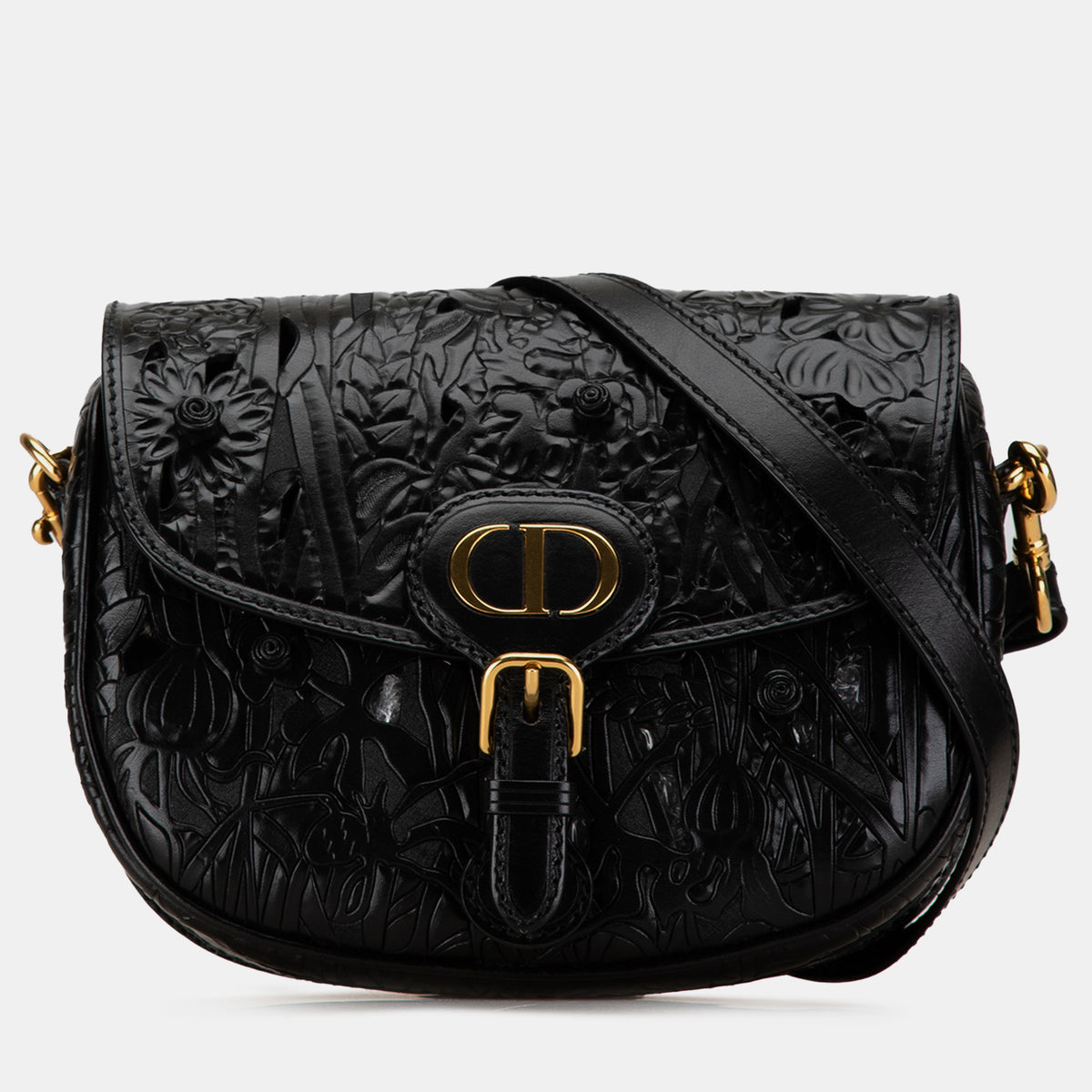 Dior Black Leather Medium Floral Applique Bobby Shoulder Bag