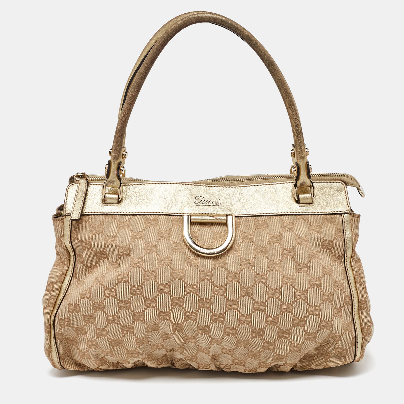 Gucci Sacoche à anneau en D en cuir et toile GG beige/doré