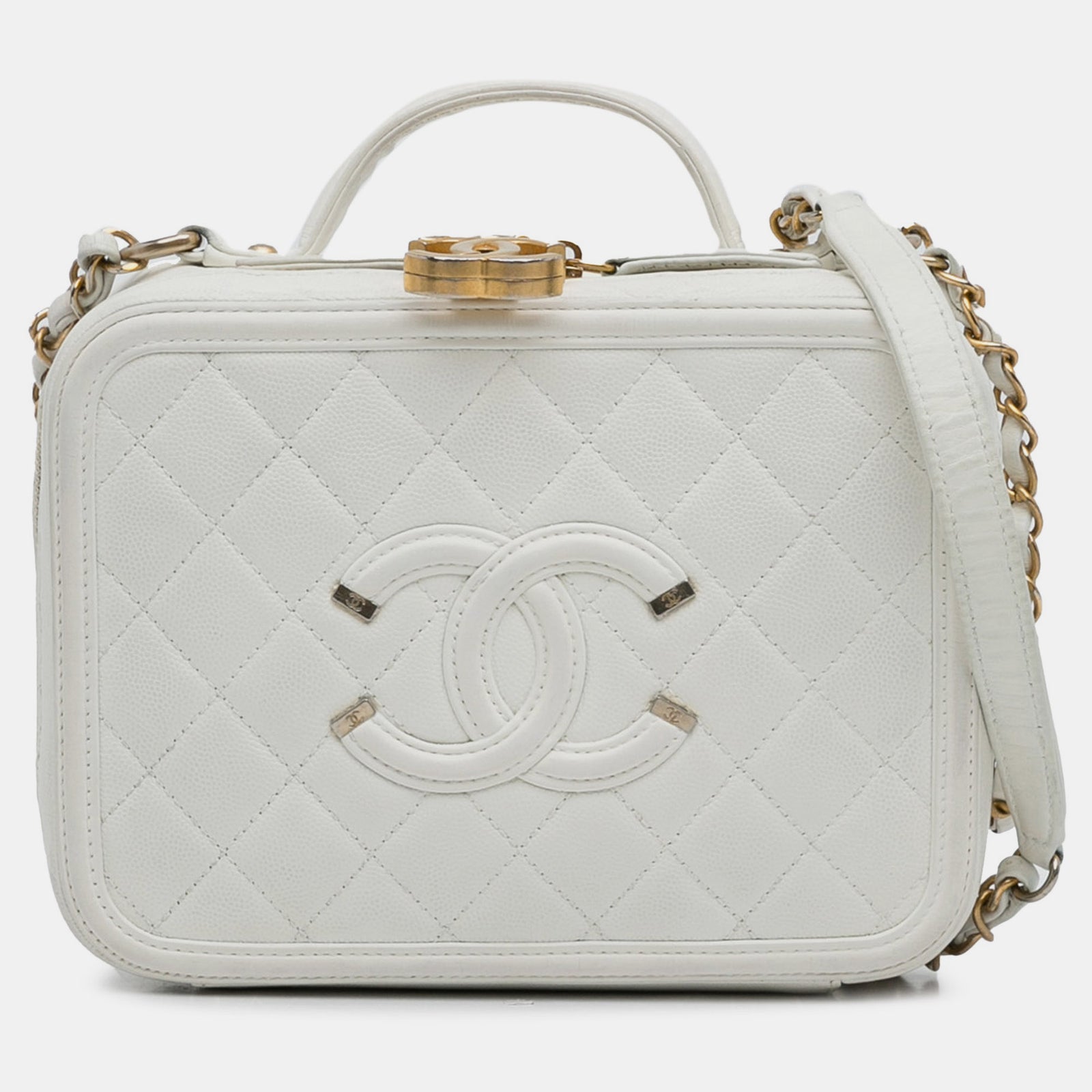 Chanel White Medium Caviar Filigree Vanity Case