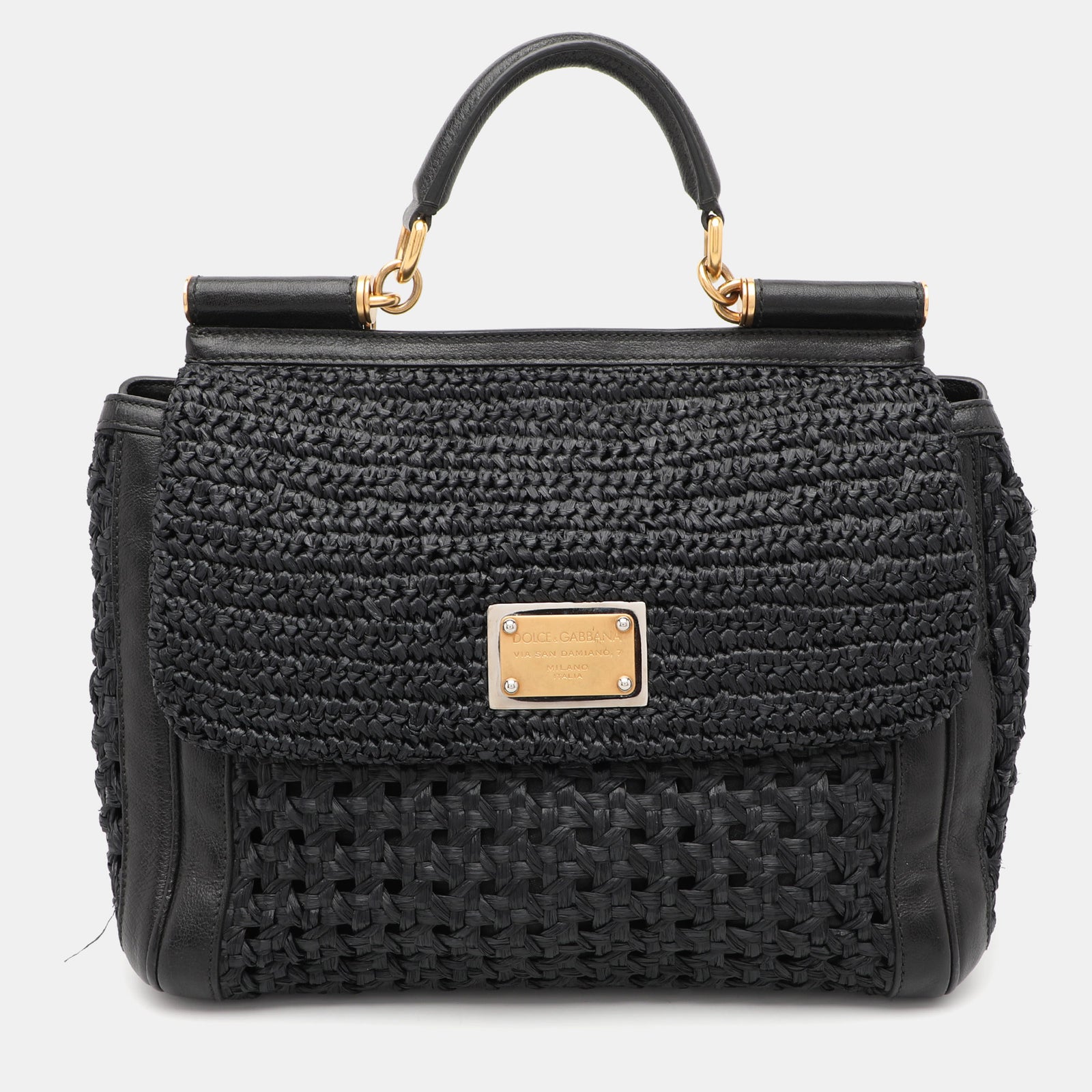 Dolce & Gabbana Schwarze Miss Sicily Henkeltasche aus Leder und Bast