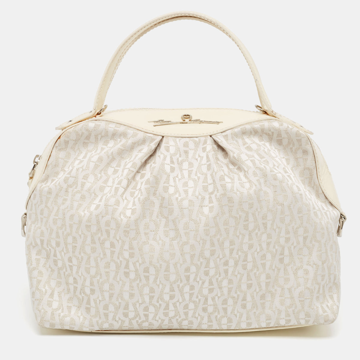 Aigner White/Cream Monogram Canvas and Patent Leather Logo Satchel