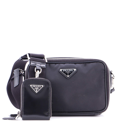 PRADA Brique Camera Crossbody Bag Tessuto and Spazzolato Leather Small