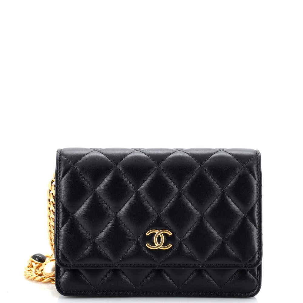 CHANEL Resin Pearl Chain Flap Bag Mini aus gestepptem Lammleder