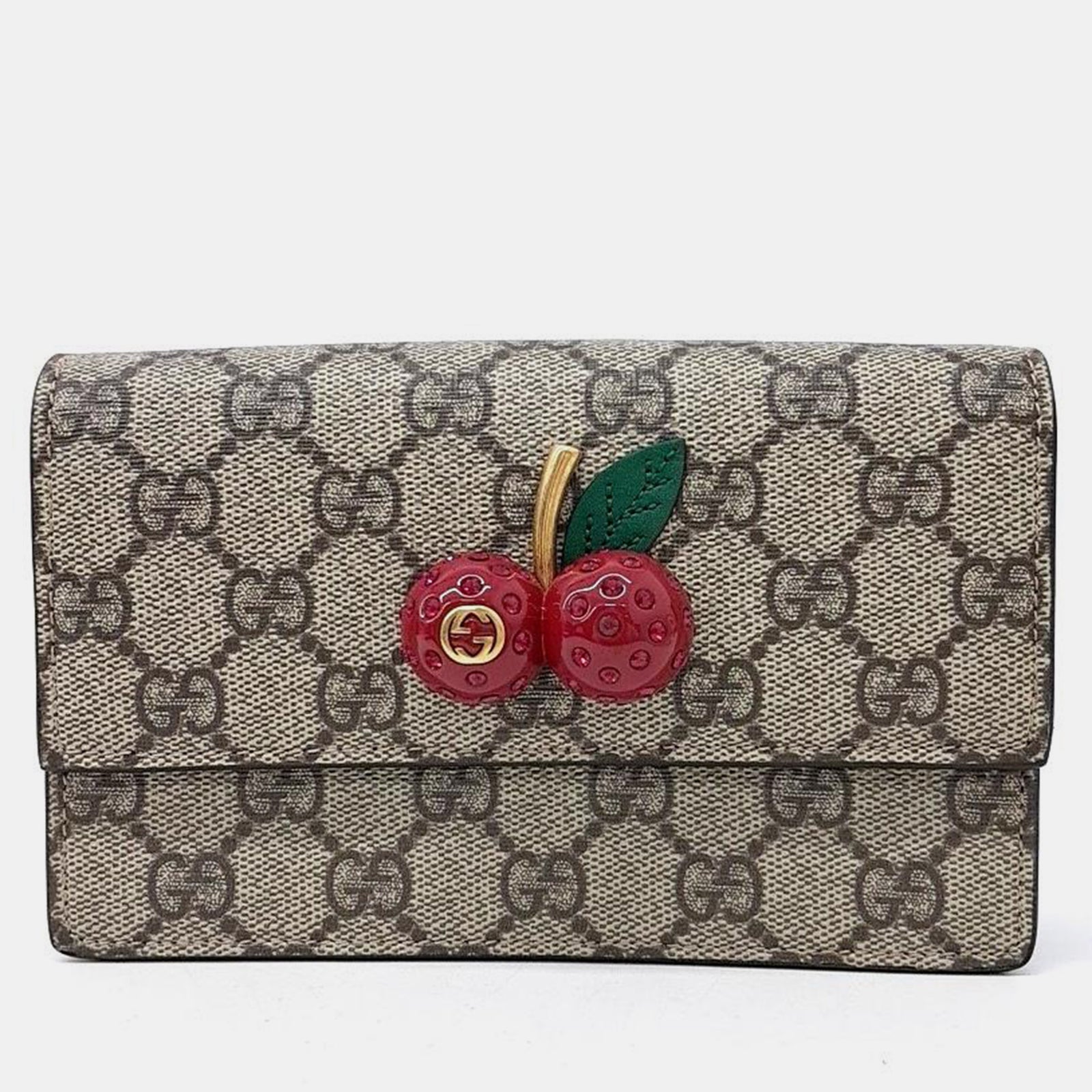 Gucci Beige GG Coated Canvas Mini Cherries Wallet on Chain