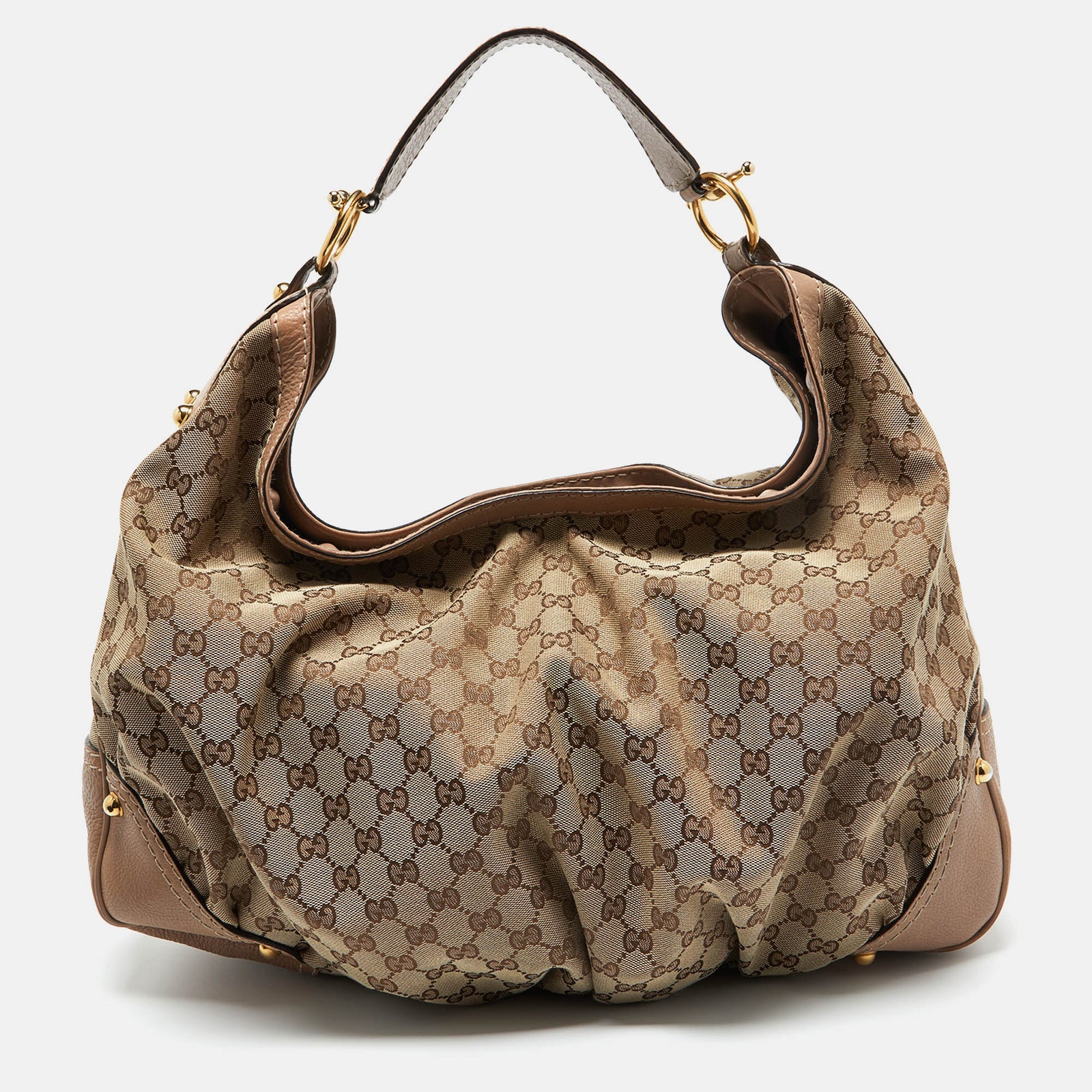 Gucci Grand sac hobo jockey en toile et cuir GG beige/marron