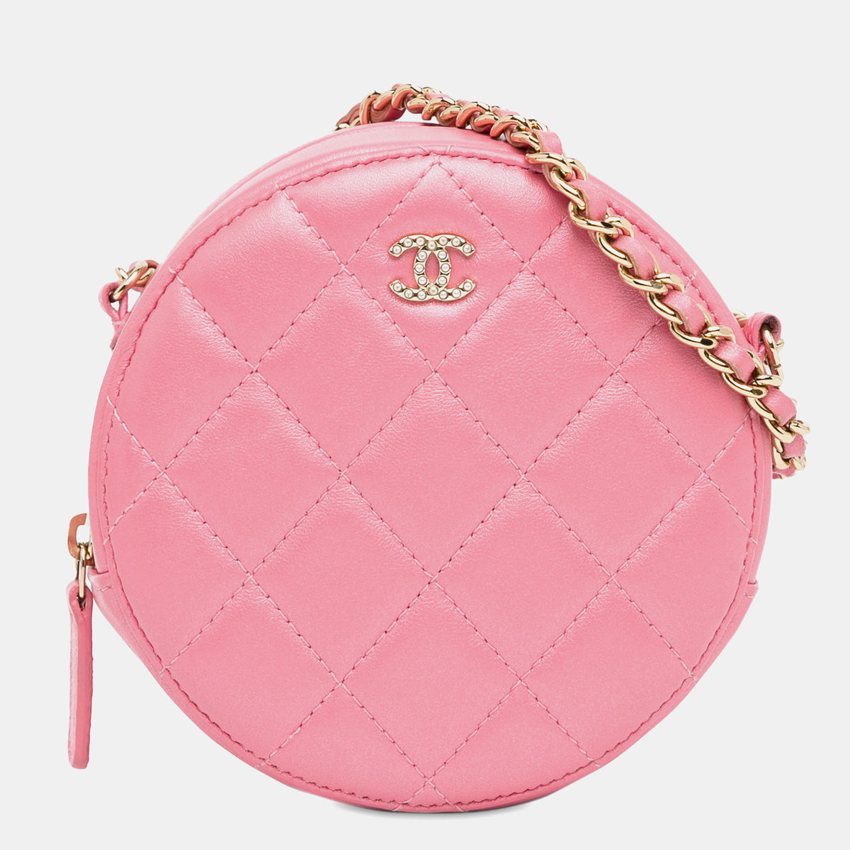 Chanel CC Quilted Lambskin Round Pearl Clutch with Chain