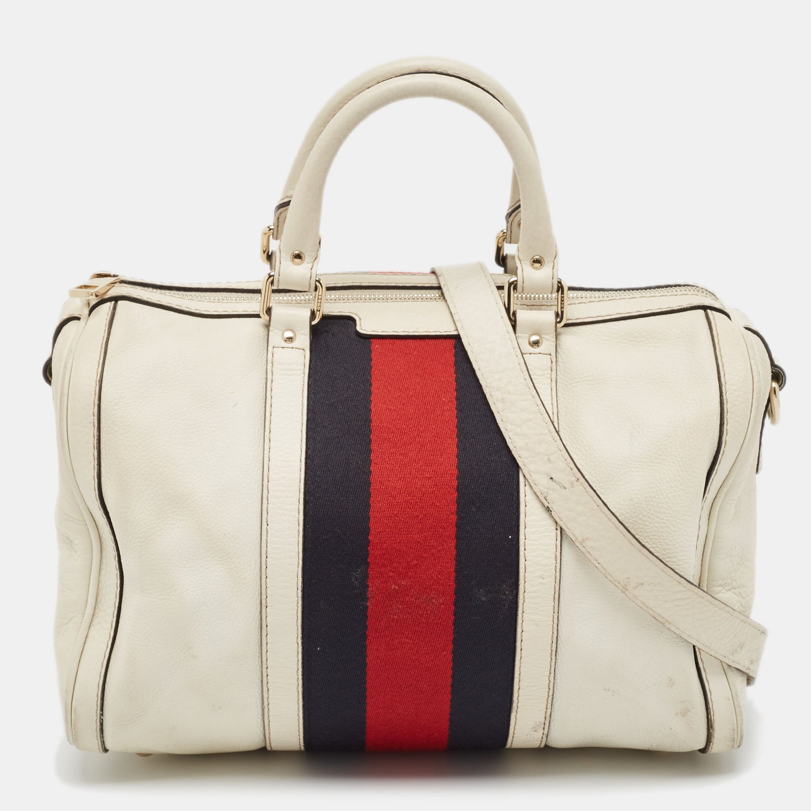 Gucci Mittelgroße Boston-Tasche aus Canvas und Leder mit Webmuster in gebrochenem Weiß