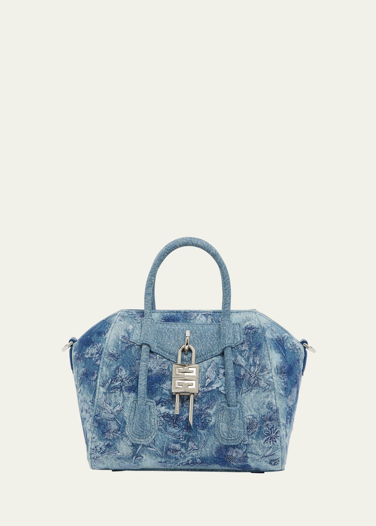 Givenchy Antigona Lock Mini Top-Handle Bag in Floral Distressed Denim