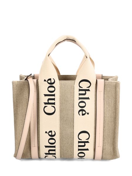 Chloé Women's Woody Small Canvas And Leather Tote Bag in Powder | Size UNI | CHC22AS397I266J5